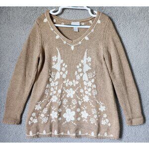 Soft Surroundings Women's M L/S Knit Sweater Embroidered Floral Boho Beige/White